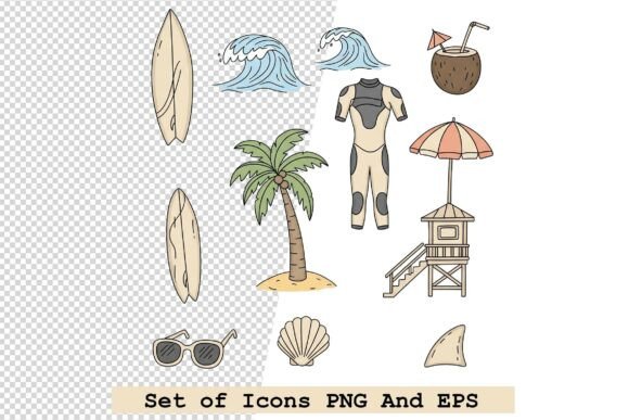 Set of Surfing Icons in Hand Drawn